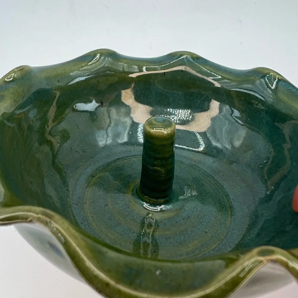 Artist Studio Pottery Bowl Apple Baker Dish Artist Signed Scallop Edge Green
